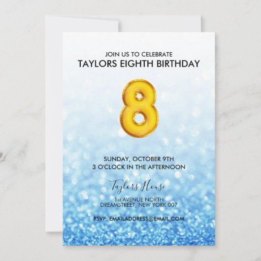 金ゴールドバルーンブルーグリッター8thバースデーパーティー 招待状 (正面)