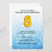 金ゴールドバルーンブルーグリッター8thバースデーパーティー 招待状 (正面/裏面)
