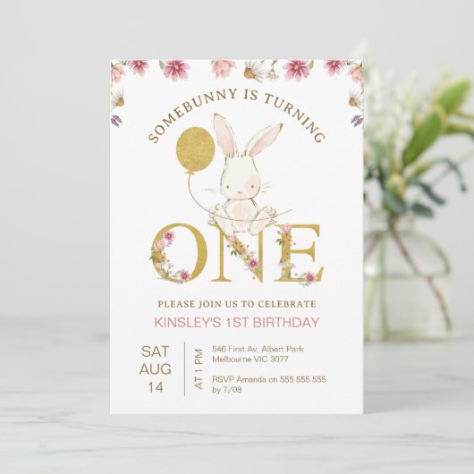 金ゴールドバルーンワイルドフラワーズバイナリーの誕生日 招待状 (スタンド正面)