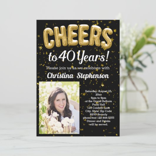 金ゴールドバルーン応援40年40歳の誕生日の写真 招待状 (スタンド正面)