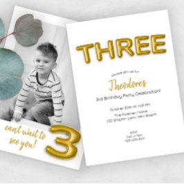 金ゴールドバルーン第3誕生日フォト招待状 招待状