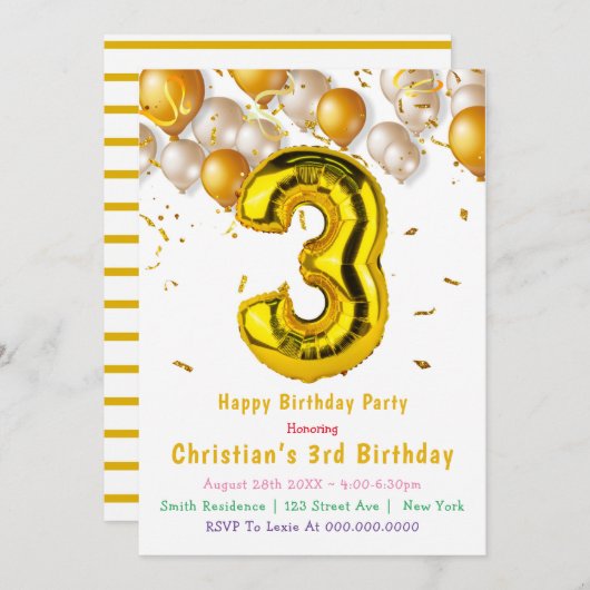 金ゴールドバルーン第3誕生日招待状 (正面/裏面)