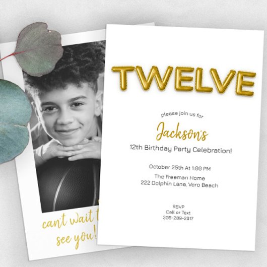 金ゴールドバルーン12番目の誕生日フォト招待状 招待状