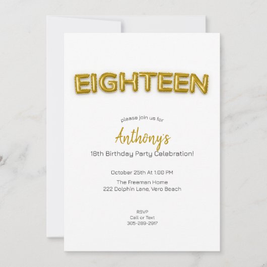 金ゴールドバルーン18誕生日フォト招待状 招待状 (正面)