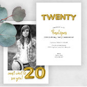 金ゴールドバルーン20番目の誕生日写真招待状 招待状