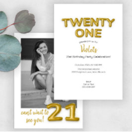 金ゴールドバルーン21歳の誕生日フォト招待状 招待状