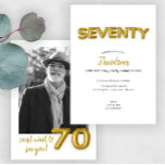 金ゴールドバルーン70誕生日フォト招待状 招待状<br><div class="desc">70歳祝の愛と人生と笑いの70歳のこの金ゴールドバルーン70歳の誕生日の写真の招待で。金ゴールドフォイルのバルーンフェイクレタリングと宇宙に「SEVIN7」を搭載しカスタムてエレガント、この簡単とモダンデザインはパーソナライズするである。お祝いのトーンを設定する意味のある招待状を作成するには、名誉のゲストの名前、パーティー詳細、およびRSVPを追加する。ディナフォーマルーや集カジュアル会、家族懇親会に最適で、本当に特別な節目を迎える記念品となる。</div>