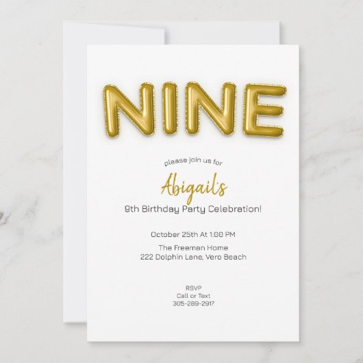 金ゴールドバルーン9番目の誕生日フォト招待状 招待状 (正面)