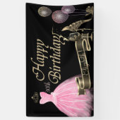 金ゴールドバルーン、ガラス、ヒール、シックなドレス、ブラック 横断幕 (縦)