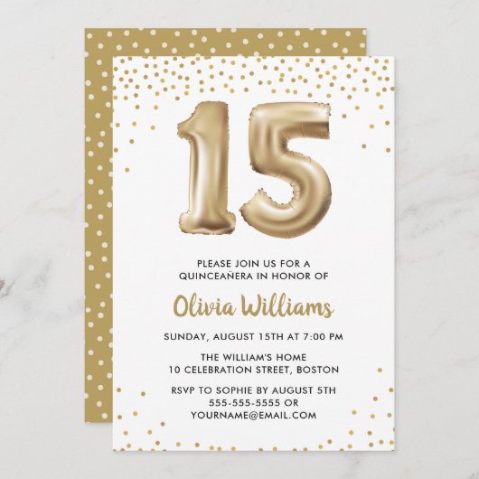 金ゴールドバルーン |キンセアニェラ15th誕生日パーティー 招待状 (正面/裏面)