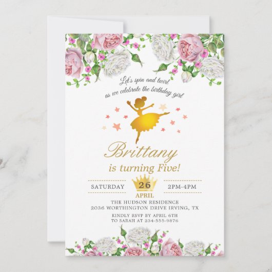 金ゴールドバレリエレガントナフローラガールバースデーパーティー 招待状 (正面)