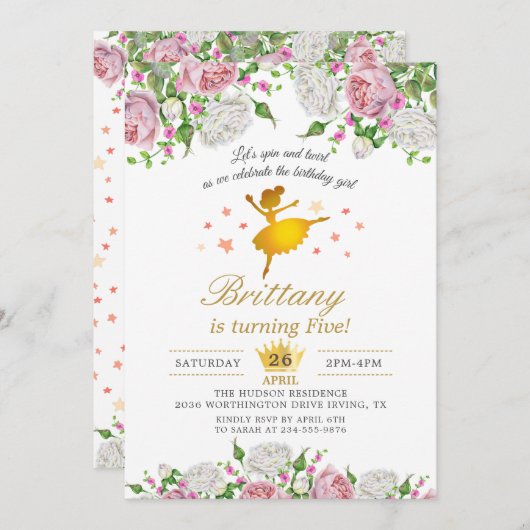 金ゴールドバレリエレガントナフローラガールバースデーパーティー 招待状 (正面/裏面)