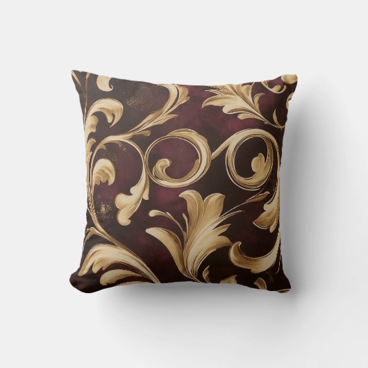金ゴールドバロックのバーガンディの巻物 クッション (正面)