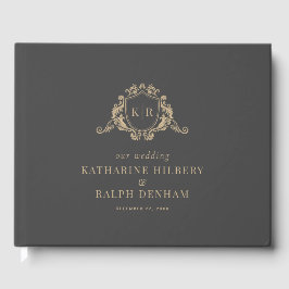 金ゴールドバロッククレストダークグレーモノグラム結婚ズ ゲストブック
