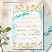 金ゴールドバロックティール（緑がかった色）アクアカリグラフィーヴィンテージ セーブザデート