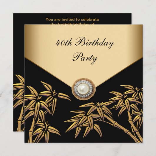 金ゴールドバンブーパールアジア40歳の誕生日パーティー 招待状 (正面/裏面)