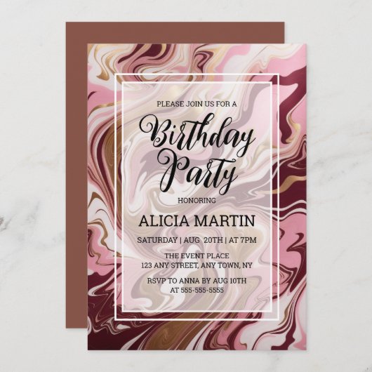 金ゴールドバーガンディーピンクマーブルフロードバースデーパーティー 招待状 (正面/裏面)