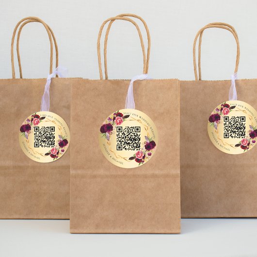 金ゴールドバーガンディーピンク花模様幾何学的結婚QR ラウンドシール