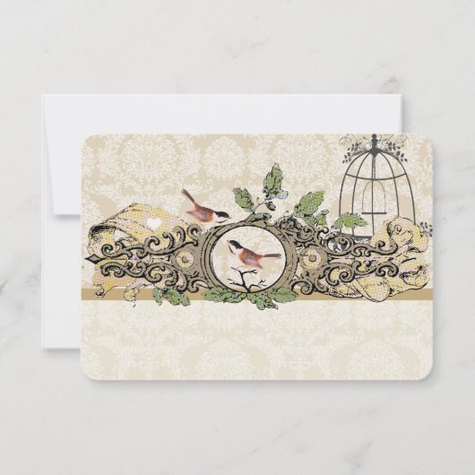 金ゴールドバードケージダマスクアコーンヴィンテージラブバードRSVP 出欠カード (裏面)