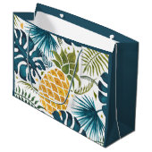 金ゴールドパイナップルのヤシの葉が緑がかった青色の熱帯性 ラージペーパーバッグ (正面アングル)
