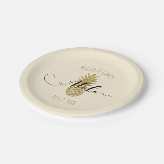 金ゴールドパイナップルクリームトロピカルエレガントな結婚式 ペーパープレート (アングル)