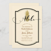 金ゴールドパイナップルクリーム&ブラックトロピカルズ結婚ズ 招待状 (正面/裏面)