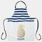 金ゴールドパイナップルネイビーブルーホワイトストライプの エプロン (正面)
