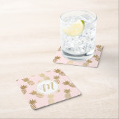 金ゴールドパイナップルパターン&モノグラム スクエアペーパーコースター (インサイチュ)