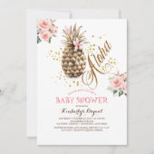金ゴールドパイナップルピンクフローラビーチベビーシャワー 招待状 (正面)