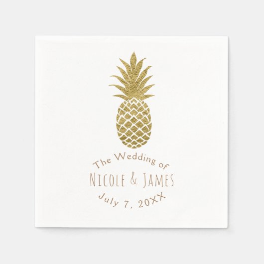 金ゴールドパイナップルホワイトシモダンック熱帯パーティー スタンダードカクテルナプキン (正面)