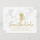 金ゴールドパイナップルホワイトマーブルウェディング日付を保存 案内ポストカード (正面/裏面)