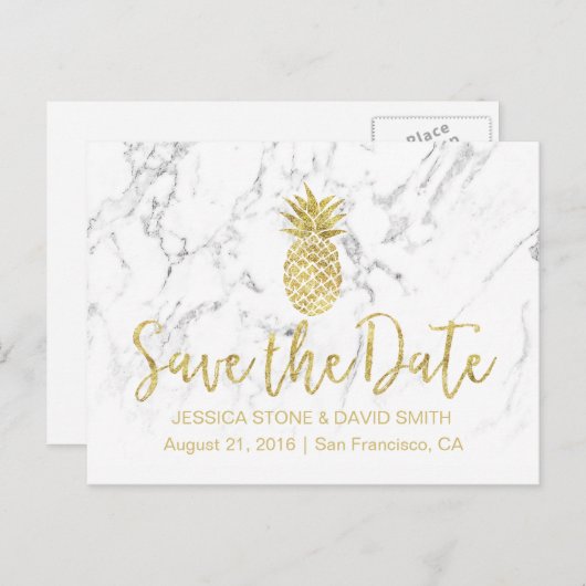 金ゴールドパイナップルホワイトマーブルウェディング日付を保存 案内ポストカード (正面/裏面)