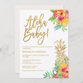 金ゴールドパイナップル熱帯フローラアロハベビーシャワー 招待状 (正面/裏面)