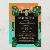 金ゴールドパイナップル熱帯ルアウ(ハワイ式宴会)ベビーシャワー 招待状 (正面/裏面)