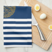 金ゴールドパイナップル航海のネイビーブルーストライプの キッチンタオル (四つ折り)