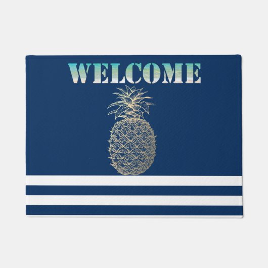 金ゴールドパイナップル航海のネイビーブルーストライプの ドアマット (正面)