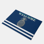 金ゴールドパイナップル航海のネイビーブルーストライプの ドアマット (アングル)