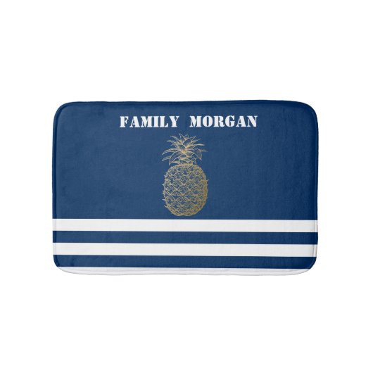 金ゴールドパイナップル航海のネイビーブルーストライプの バスマット (正面)