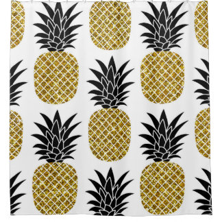 金ゴールドパイナップル：手描き白シームレス。 シャワーカーテン