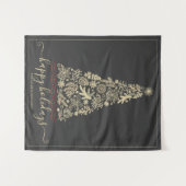 金ゴールドパインコーンボーハッピーホリデーズクリスマスツリー タペストリー (正面(横))