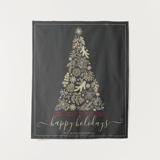 金ゴールドパインコーンボーハッピーホリデーズクリスマスツリー タペストリー (正面)