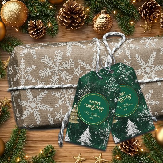 金ゴールドパインツリーズシルバースノーフレークスハンターグリーン ギフトタグ