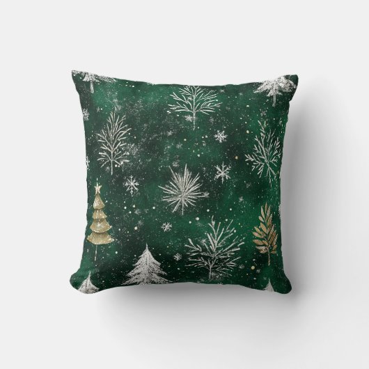 金ゴールドパインツリーズシルバースノーフレークスハンターグリーン クッション (正面)
