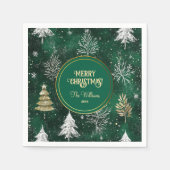 金ゴールドパインツリーズシルバースノーフレークスハンターグリーン スタンダードカクテルナプキン (正面)