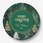 金ゴールドパインツリーズシルバースノーフレークスハンターグリーン ペーパープレート (正面)