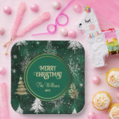 金ゴールドパインツリーズシルバースノーフレークスハンターグリーン ペーパープレート (パーティー)