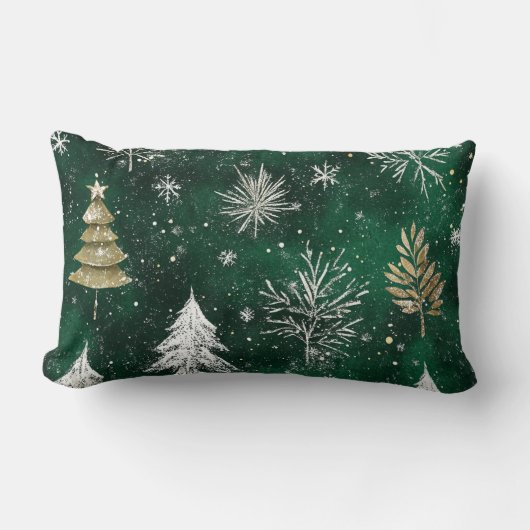 金ゴールドパインツリーズシルバースノーフレークスハンターグリーン ランバークッション (正面)
