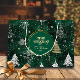 金ゴールドパインツリーズシルバースノーフレークスハンターグリーン ラージペーパーバッグ