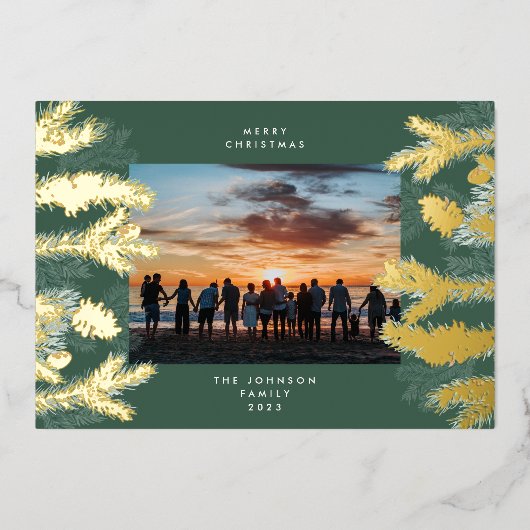 金ゴールドパインツリーメリークリスマスエメラルドフォト 箔シーズンカード (正面)
