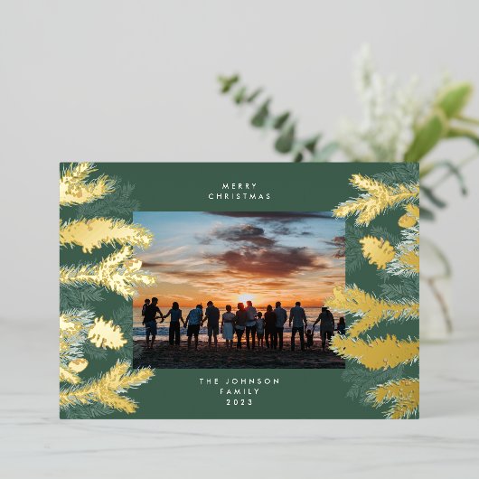 金ゴールドパインツリーメリークリスマスエメラルドフォト 箔シーズンカード (立ち正面)